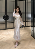 Graceful Long - Sleeve Ivory Lace Midi Dress with V - neck