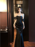 Elegant Off - Shoulder Black Satin Dress with Sparkle Detail