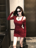 Stylish Long - Sleeve Red Bodycon Dress with Lace Trim