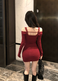 Stylish Long - Sleeve Red Bodycon Dress with Lace Trim