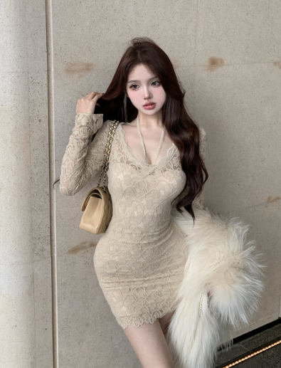 Elegant Long - Sleeve Beige Lace Bodycon Mini Dress