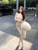 Elegant Long - Sleeve Beige Lace Bodycon Mini Dress