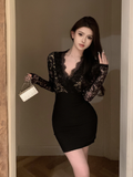 Exquisite Long - Sleeve Lace V - neck Satin Mini Dress