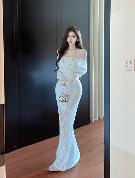 Graceful Off - Shoulder Ivory Lace Mermaid Maxi Dress