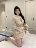 Stylish High - neck Lace Mini Dress with Keyhole Detail