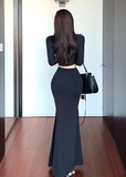 Stylish Long - sleeve Black Dress with Cutout and Ruched Detail