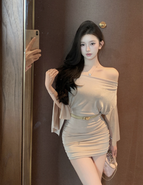 Stylish Off - Shoulder Beige Dress with Flared Sleeves and Belt