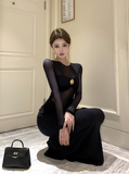 Stylish Sheer Mesh Black Gown with Knot and Gold Detail