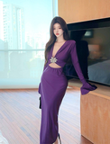 Elegant V - neck Purple Gown with Ruffled Sleeves and Gem Detail