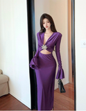 Elegant V - neck Purple Gown with Ruffled Sleeves and Gem Detail