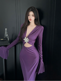 Elegant V - neck Purple Gown with Ruffled Sleeves and Gem Detail