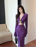 Elegant V - neck Purple Gown with Ruffled Sleeves and Gem Detail