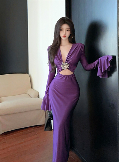 Elegant V - neck Purple Gown with Ruffled Sleeves and Gem Detail