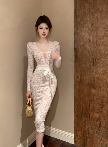 Charming Long - sleeve Ivory Lace Midi Dress with Sash