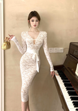 Charming Long - sleeve Ivory Lace Midi Dress with Sash