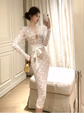 Charming Long - sleeve Ivory Lace Midi Dress with Sash