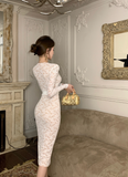 Charming Long - sleeve Ivory Lace Midi Dress with Sash