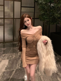 Elegant Long - Sleeve Nude Mini Dress with Ruched Detail