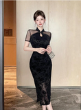 Elegant Black Cheongsam - style Dress with Mesh Panel