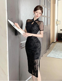 Elegant Black Cheongsam - style Dress with Mesh Panel