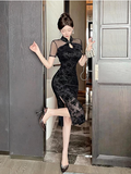 Elegant Black Cheongsam - style Dress with Mesh Panel