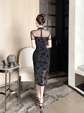 Elegant Black Cheongsam - style Dress with Mesh Panel