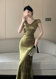 Elegant Short - Sleeve Olive Satin Mermaid Maxi Dress