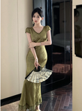 Elegant Short - Sleeve Olive Satin Mermaid Maxi Dress