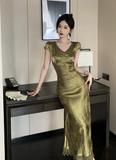 Elegant Short - Sleeve Olive Satin Mermaid Maxi Dress