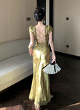 Elegant Short - Sleeve Olive Satin Mermaid Maxi Dress