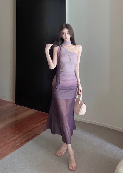 Elegant Asymmetric Halter Neck Ombre Mesh Maxi Dress