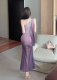 Elegant Asymmetric Halter Neck Ombre Mesh Maxi Dress