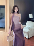 Elegant Asymmetric Halter Neck Ombre Mesh Maxi Dress