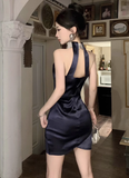 Stylish Sleeveless Dark Blue Dress with Asymmetric Hem