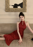 Elegant Red Halter Neck Cheongsam with Pearl Accents