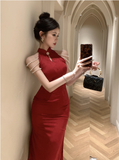 Elegant Red Halter Neck Cheongsam with Pearl Accents