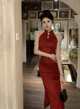 Elegant Red Halter Neck Cheongsam with Pearl Accents