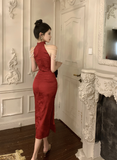 Elegant Red Halter Neck Cheongsam with Pearl Accents