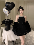 Stylish Sleeveless Black Dress with Furry Trim and Beads