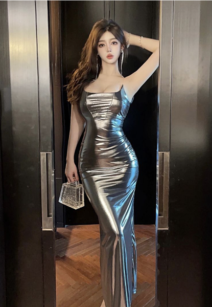 Stunning Metallic Silver Spaghetti Strap Maxi Bodycon Dress