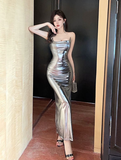 Stunning Metallic Silver Spaghetti Strap Maxi Bodycon Dress