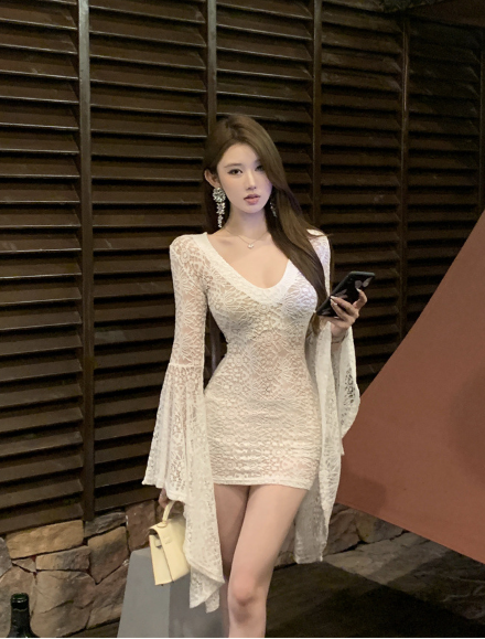 Elegant White Lace Long - sleeve Bodycon Mini Dress