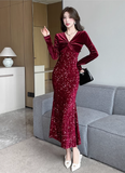 Elegant Long - sleeve Burgundy Velvet Sequin Mermaid Dress