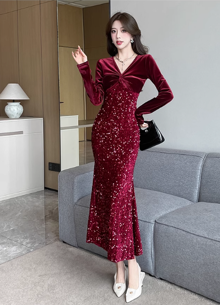 Elegant Long - sleeve Burgundy Velvet Sequin Mermaid Dress