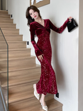 Elegant Long - sleeve Burgundy Velvet Sequin Mermaid Dress