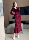 Elegant Long - sleeve Burgundy Velvet Sequin Mermaid Dress