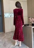 Elegant Long - sleeve Burgundy Velvet Sequin Mermaid Dress