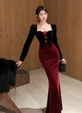 Elegant Long - sleeve Black and Red Velvet Mermaid Dress