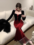 Elegant Long - sleeve Black and Red Velvet Mermaid Dress