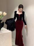 Elegant Long - sleeve Black and Red Velvet Mermaid Dress